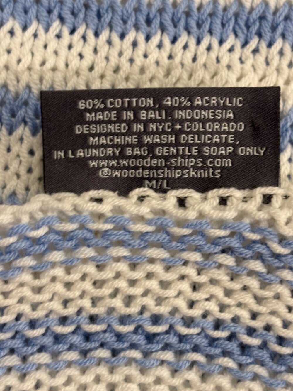 Wooden Ships Striped Sweater M/L Blue White Lightweight Coastal Knit - Picture 5 of 8